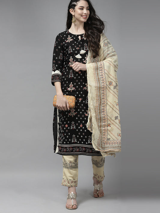 Indo Era Black Embroidered Straight Kurta Palazzo With Dupatta Set