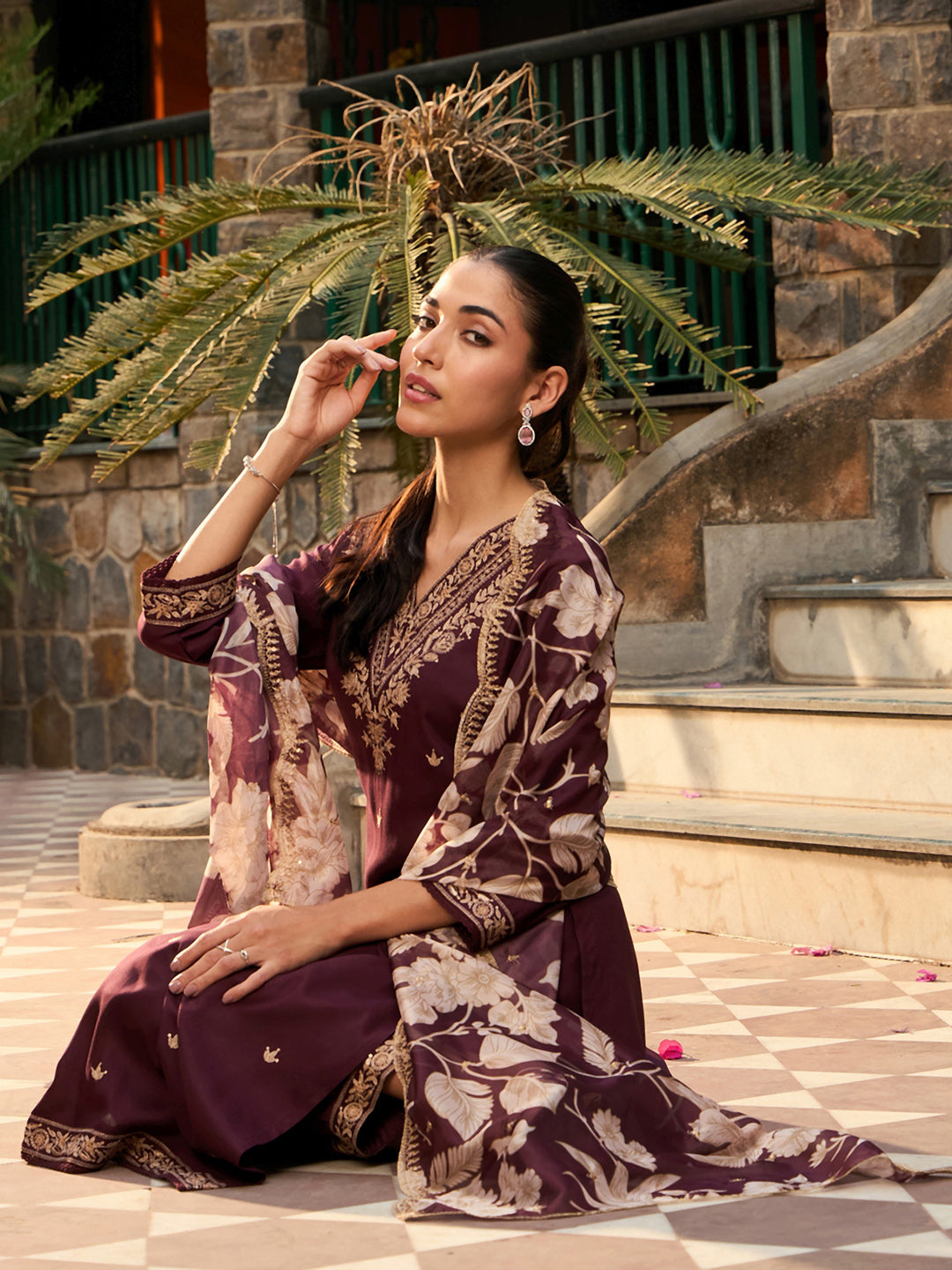 Indo Era Burgundy Embroidered Straight Kurta Salwar With Dupatta set