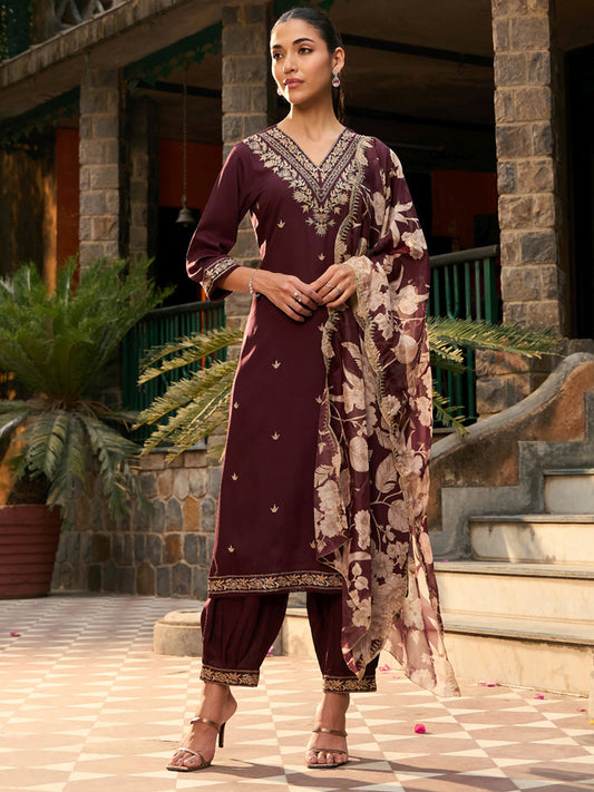 Indo Era Burgundy Embroidered Straight Kurta Salwar With Dupatta set