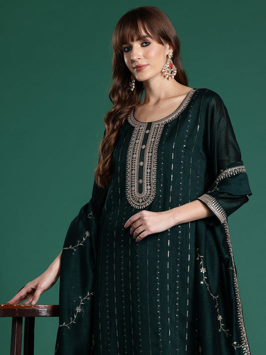Green Embroidered Straight Kurta Trousers With Dupatta Set