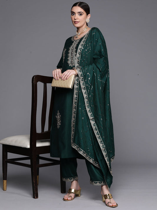 Bottle Green Embroidered Ethnic Straight Kurta Trouser With Dupatta Set
