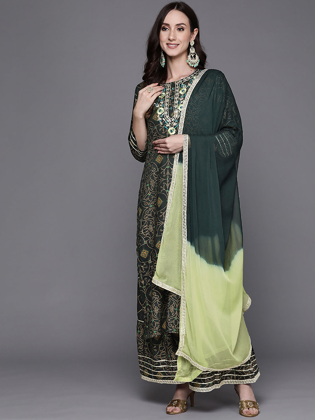 Indo Era Green Embroidered Straight Kurta Sharara With Dupatta Set