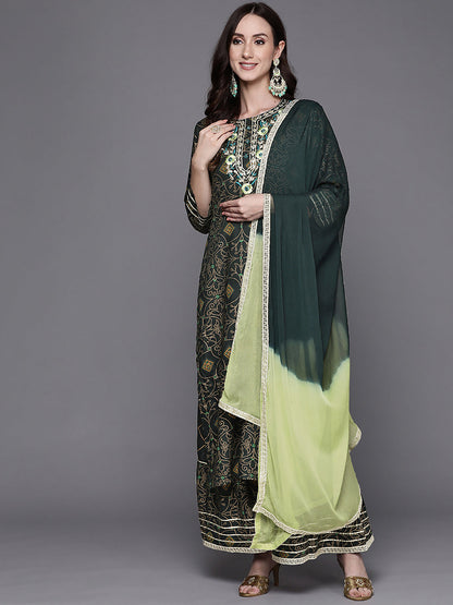 Indo Era Green Embroidered Straight Kurta Sharara With Dupatta Set