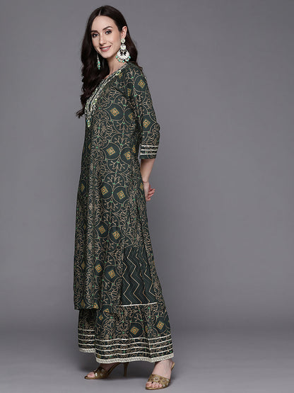 Indo Era Green Embroidered Straight Kurta Sharara With Dupatta Set