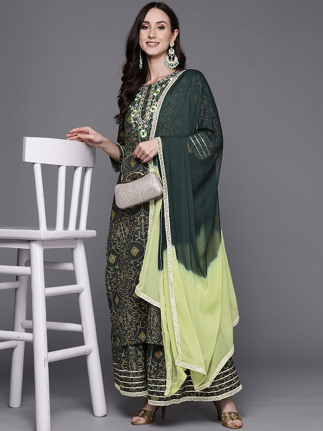 Indo Era Green Embroidered Straight Kurta Sharara With Dupatta Set