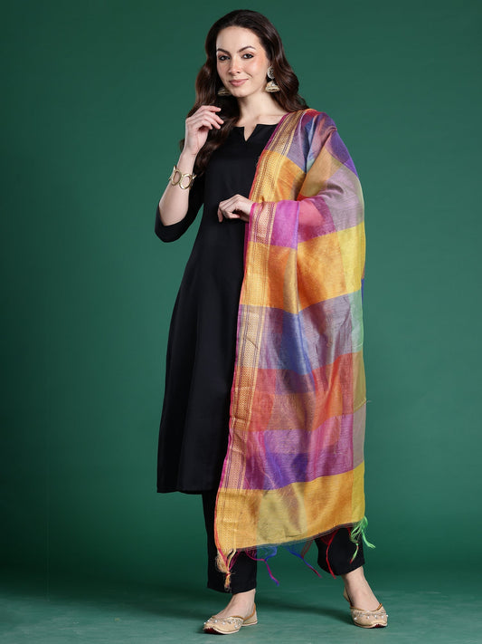 Black Solid A-Line Kurta Trousers With Dupatta Set