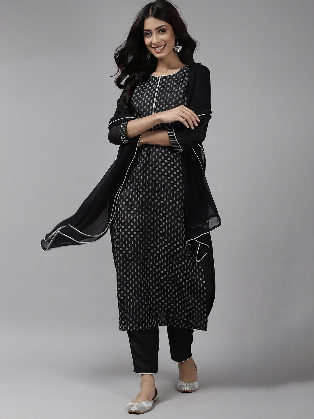 Indo Era Black Printed Straight Kurta Palazzo with Dupatta Set