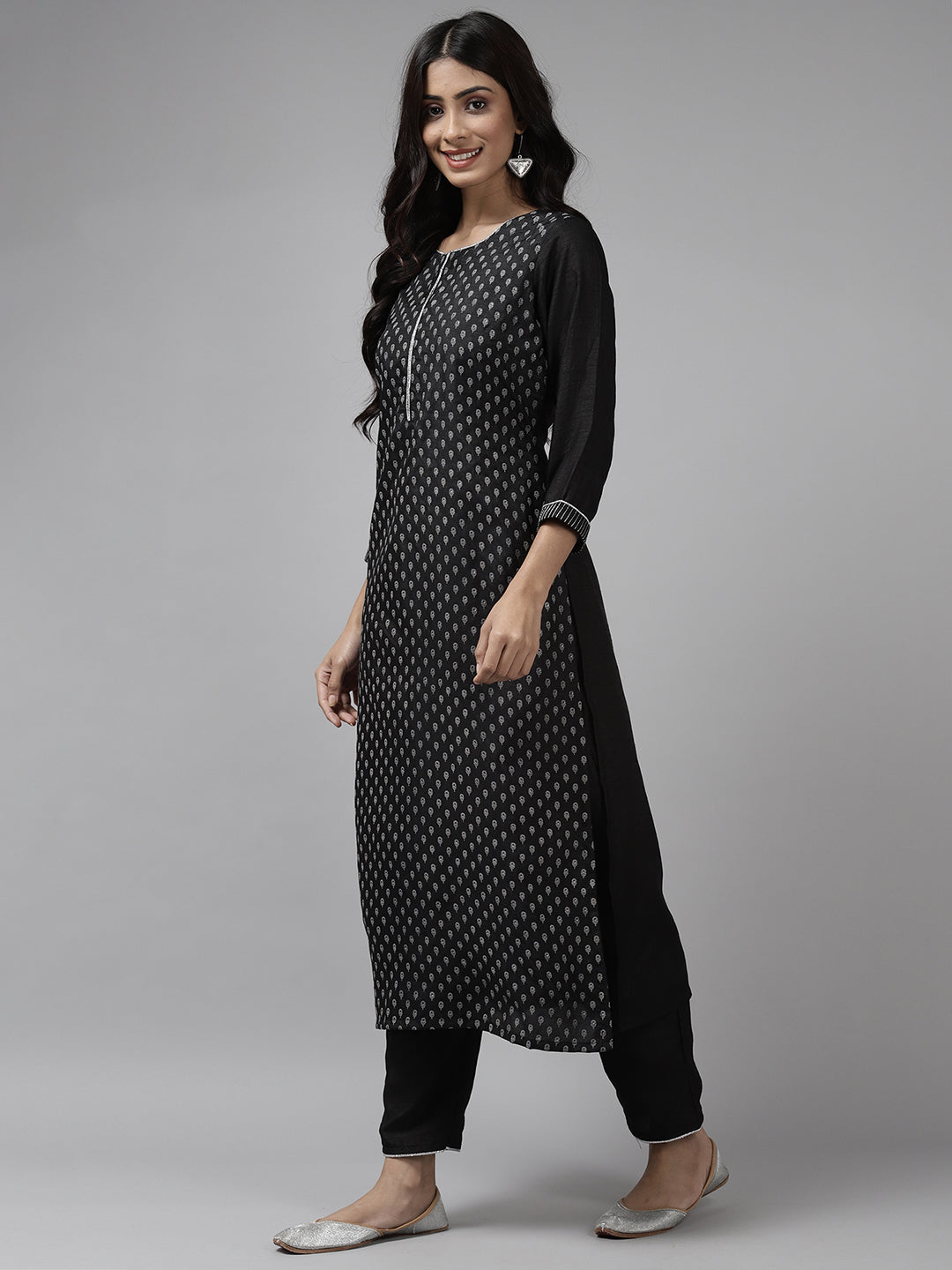 Indo Era Black Printed Straight Kurta Palazzo with Dupatta Set