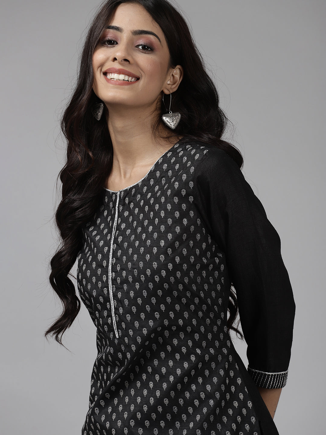 Indo Era Black Printed Straight Kurta Palazzo with Dupatta Set