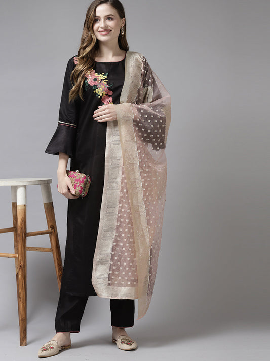 Indo Era Black Embroidered Kurta Palazzo with Dupatta Sets