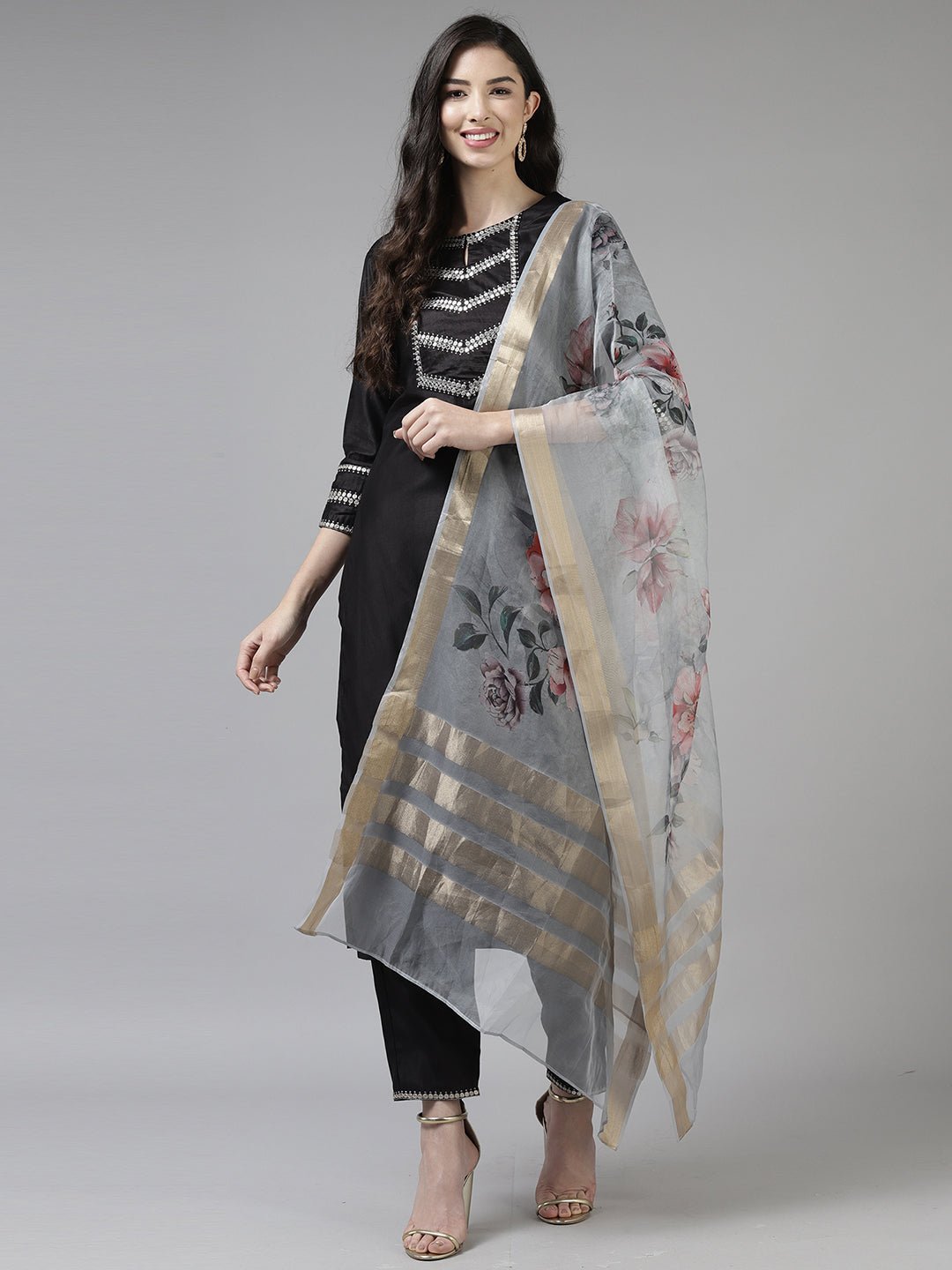 Black Solid Straight Kurta Trouser With Dupatta Set