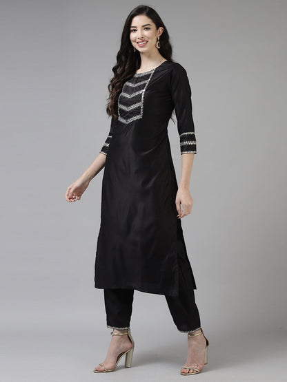 Black Solid Straight Kurta Trouser With Dupatta Set