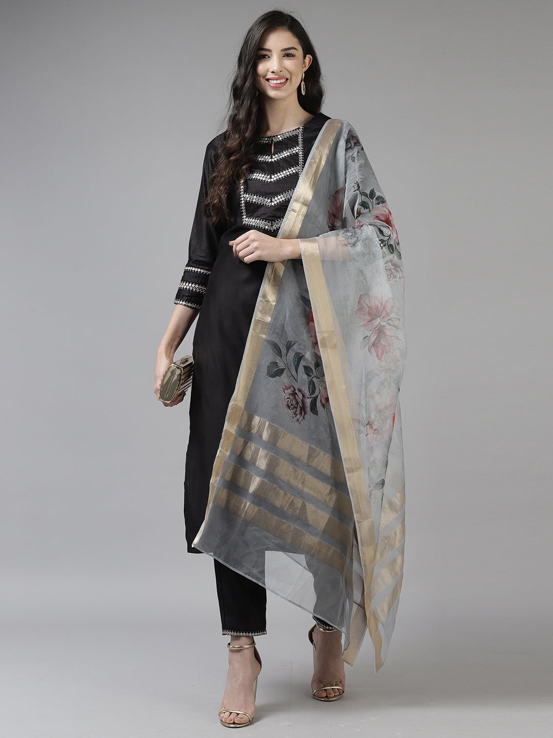Black Solid Straight Kurta Trouser With Dupatta Set