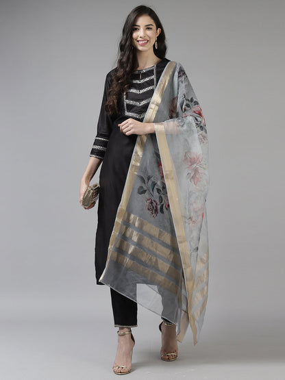 Black Solid Straight Kurta Trouser With Dupatta Set