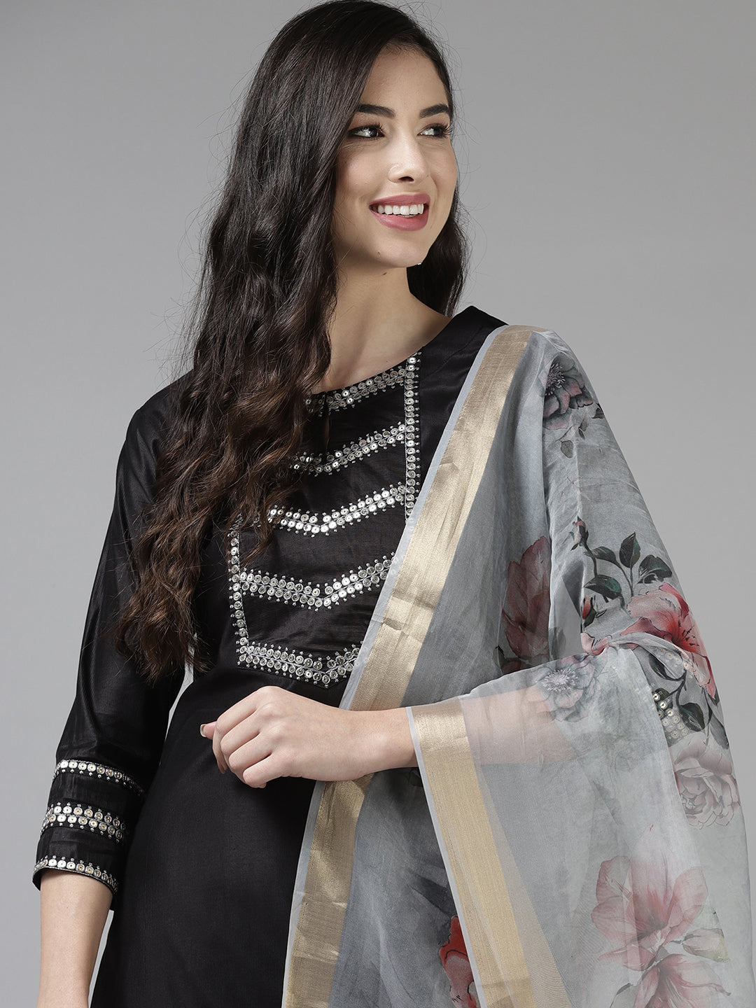 Black Solid Straight Kurta Trouser With Dupatta Set