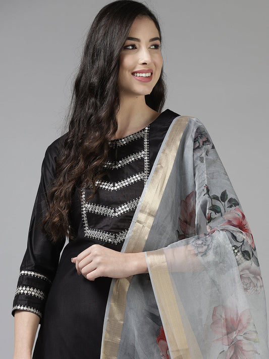 Black Solid Straight Kurta Trouser With Dupatta Set
