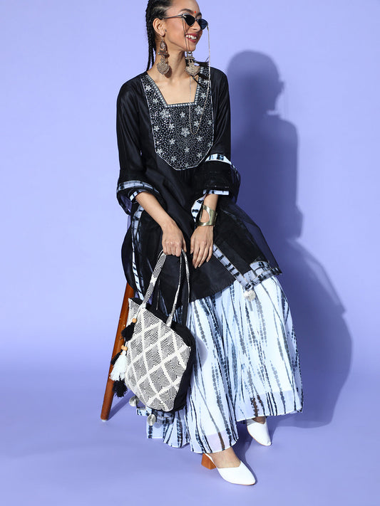 Indo Era Black Tie & Dye A-Line Kurta Palazzo With Dupatta Set