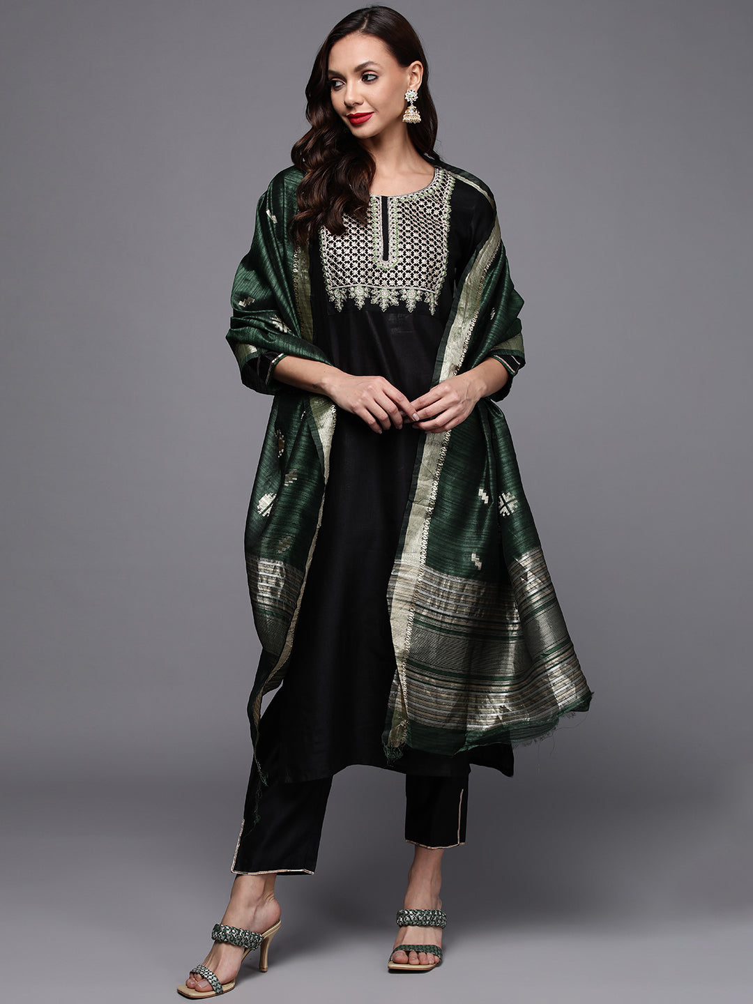 Indo Era Black Embroidered Straight Kurta Palazzos With Dupatta Set