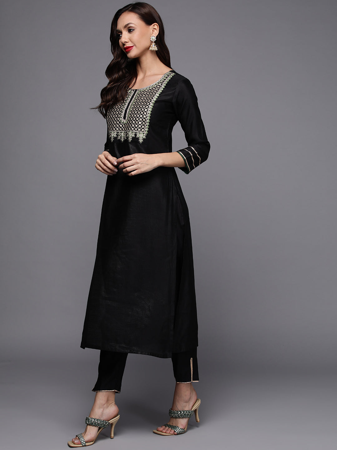 Indo Era Black Embroidered Straight Kurta Palazzos With Dupatta Set