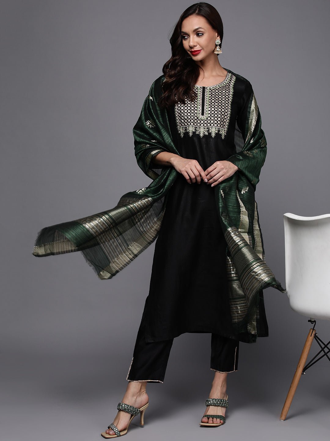 Indo Era Black Embroidered Straight Kurta Palazzos With Dupatta Set