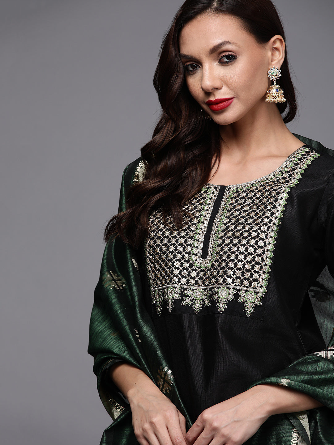 Indo Era Black Embroidered Straight Kurta Palazzos With Dupatta Set