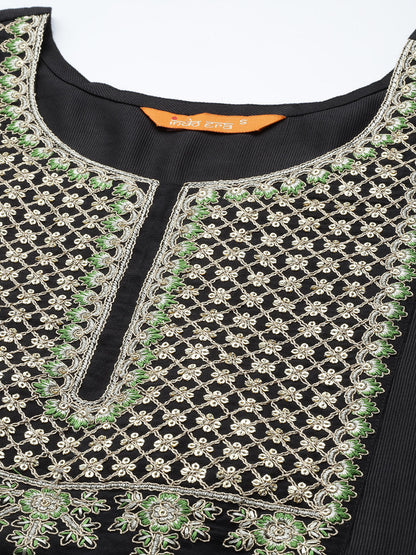 Indo Era Black Embroidered Straight Kurta Palazzos With Dupatta Set