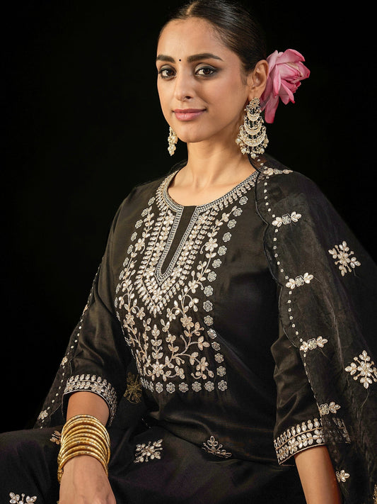 Indo Era Black Embroidered Straight Kurta Trousers With Dupatta set