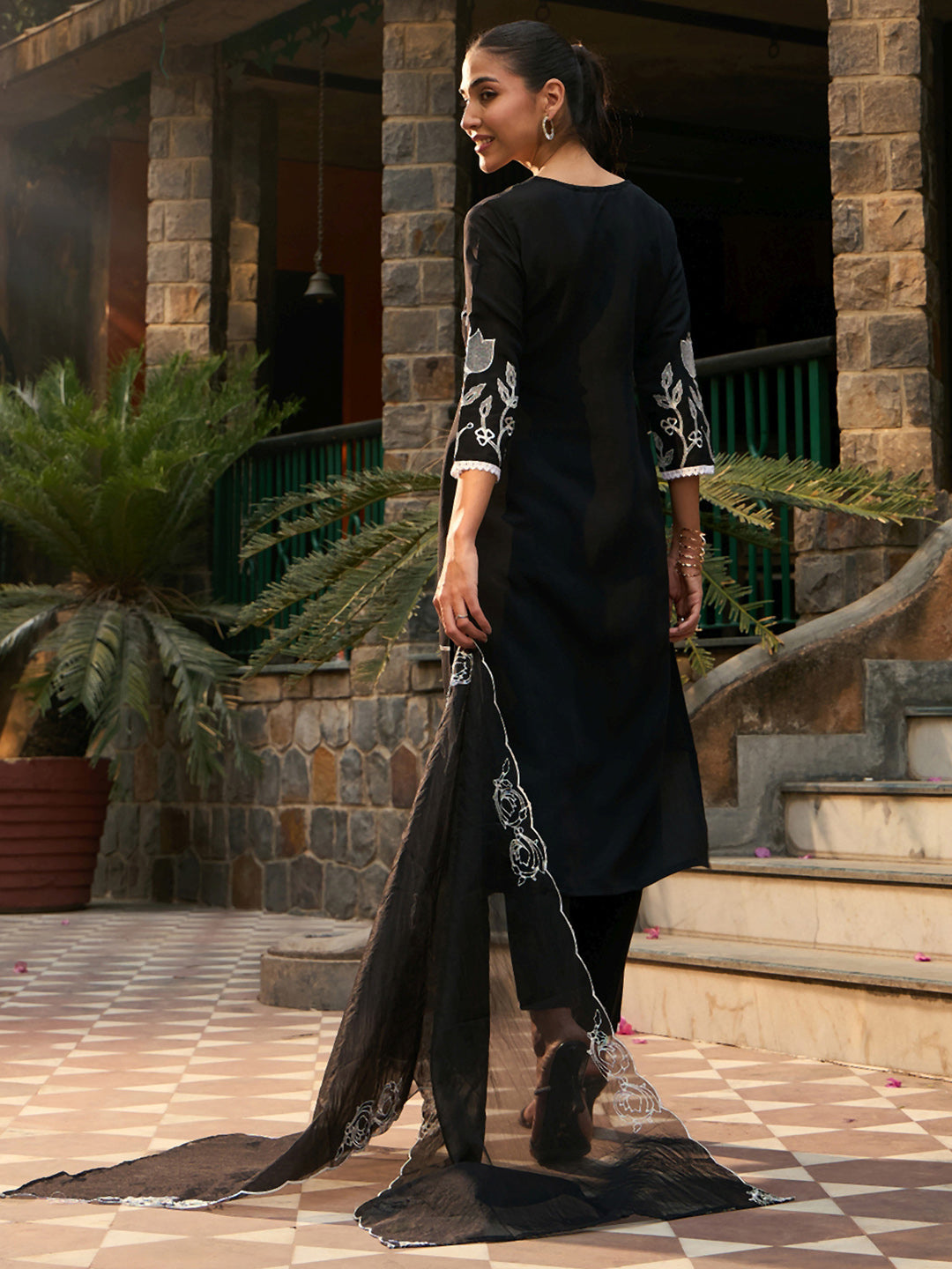 Indo Era Black Embroidered Straight Kurta Trousers With Dupatta set