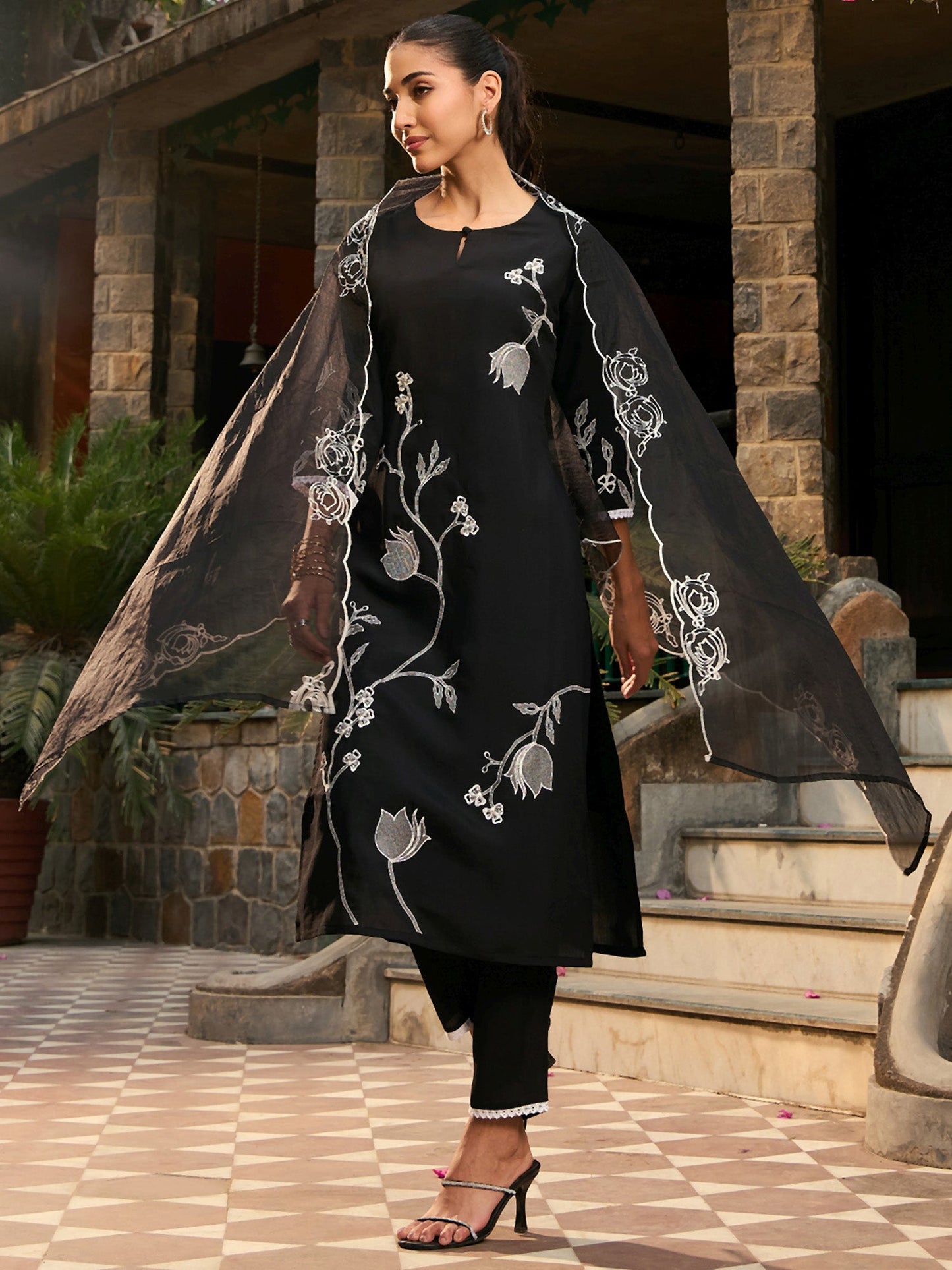 Indo Era Black Embroidered Straight Kurta Trousers With Dupatta set
