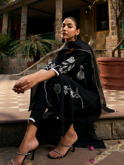 Indo Era Black Embroidered Straight Kurta Trousers With Dupatta set