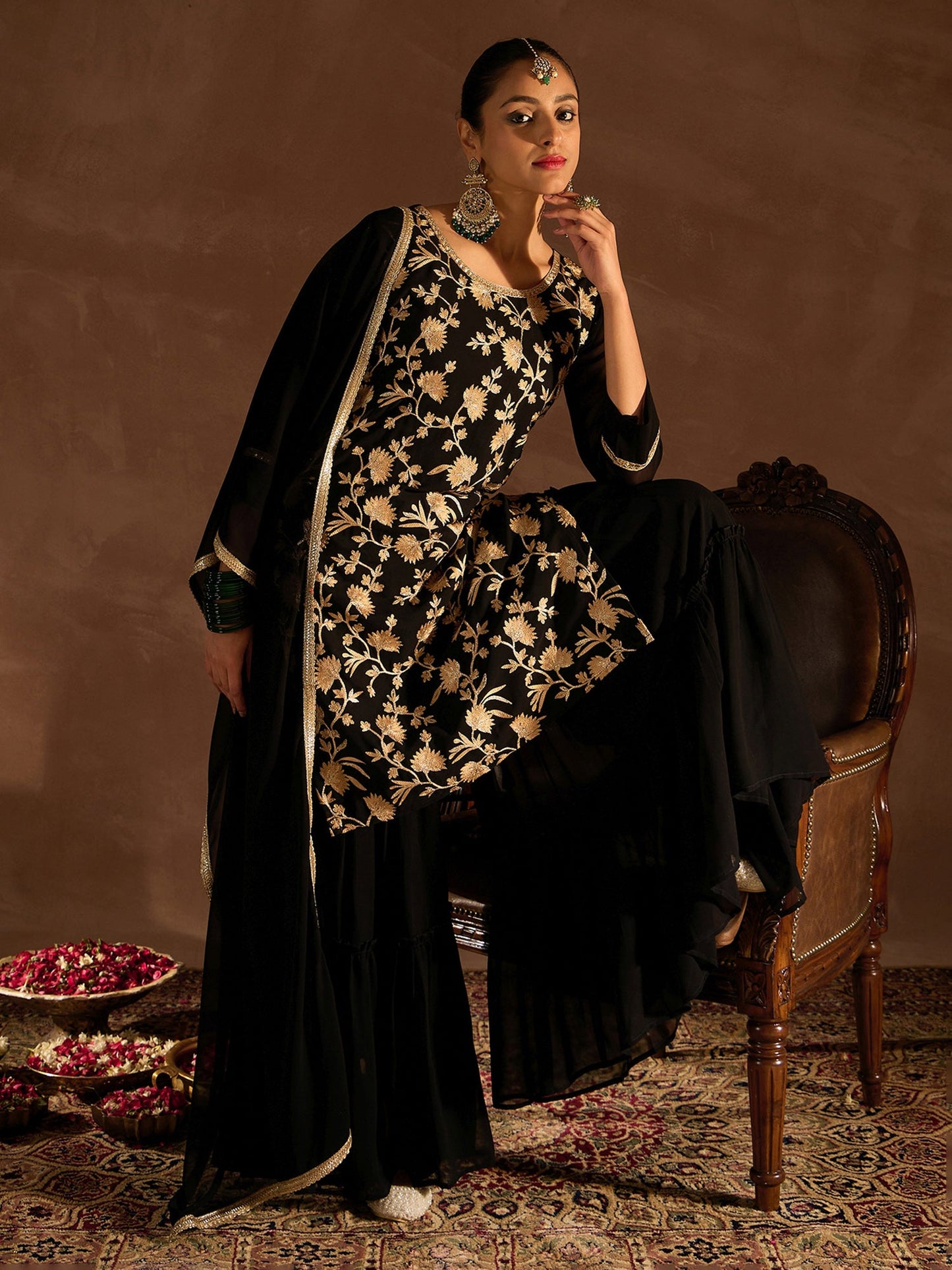 Indo Era Black Embroidered Straight Kurta Sharara set