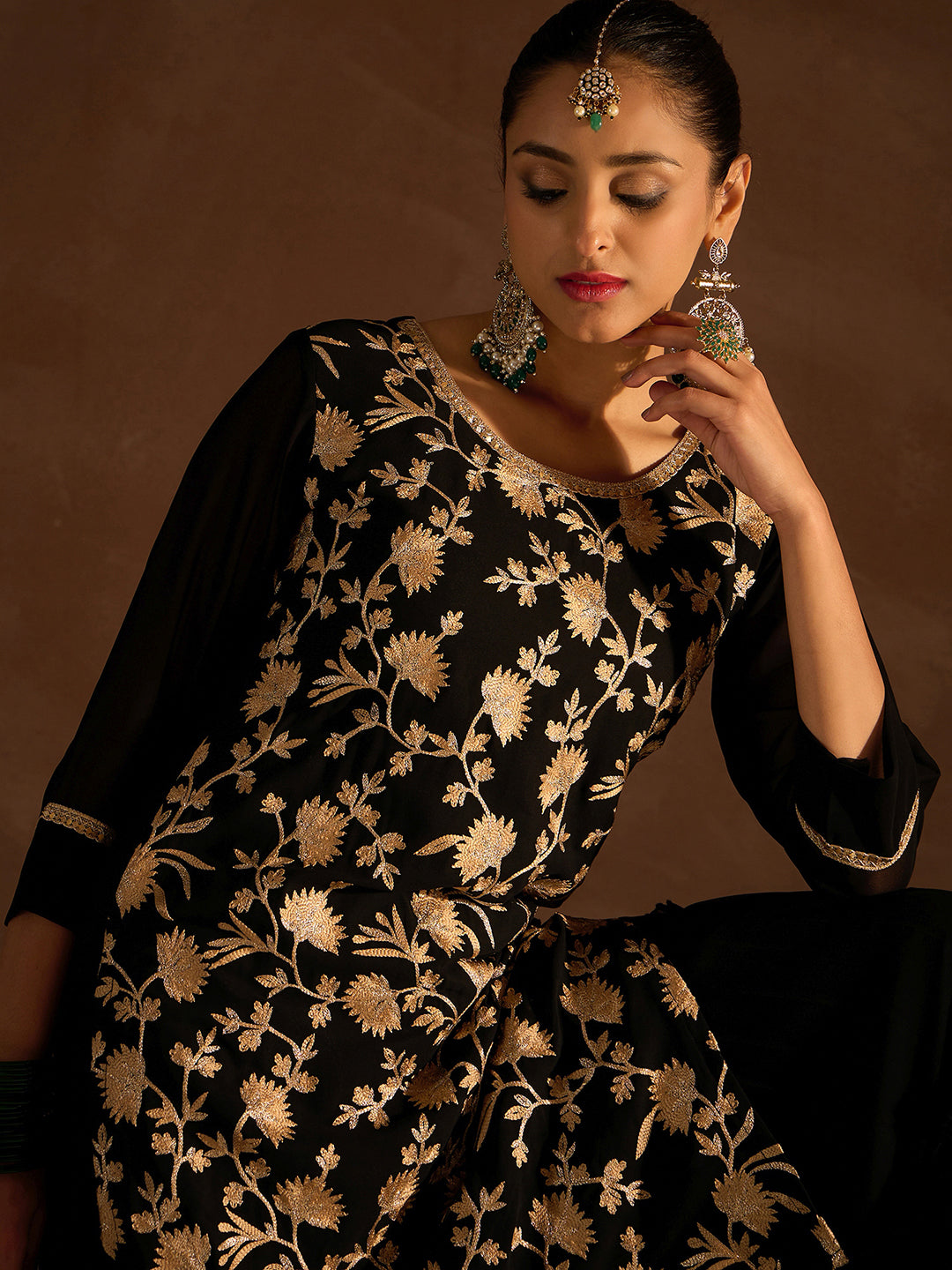 Indo Era Black Embroidered Straight Kurta Sharara set