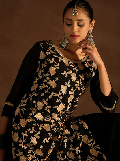 Indo Era Black Embroidered Straight Kurta Sharara set