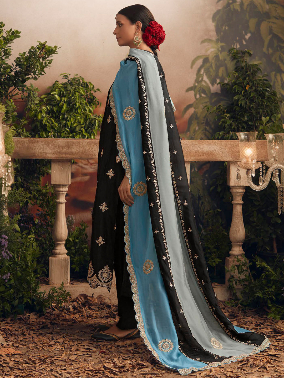 Indo Era Black Straight Embroidered Kurta Trousers With Dupatta Set