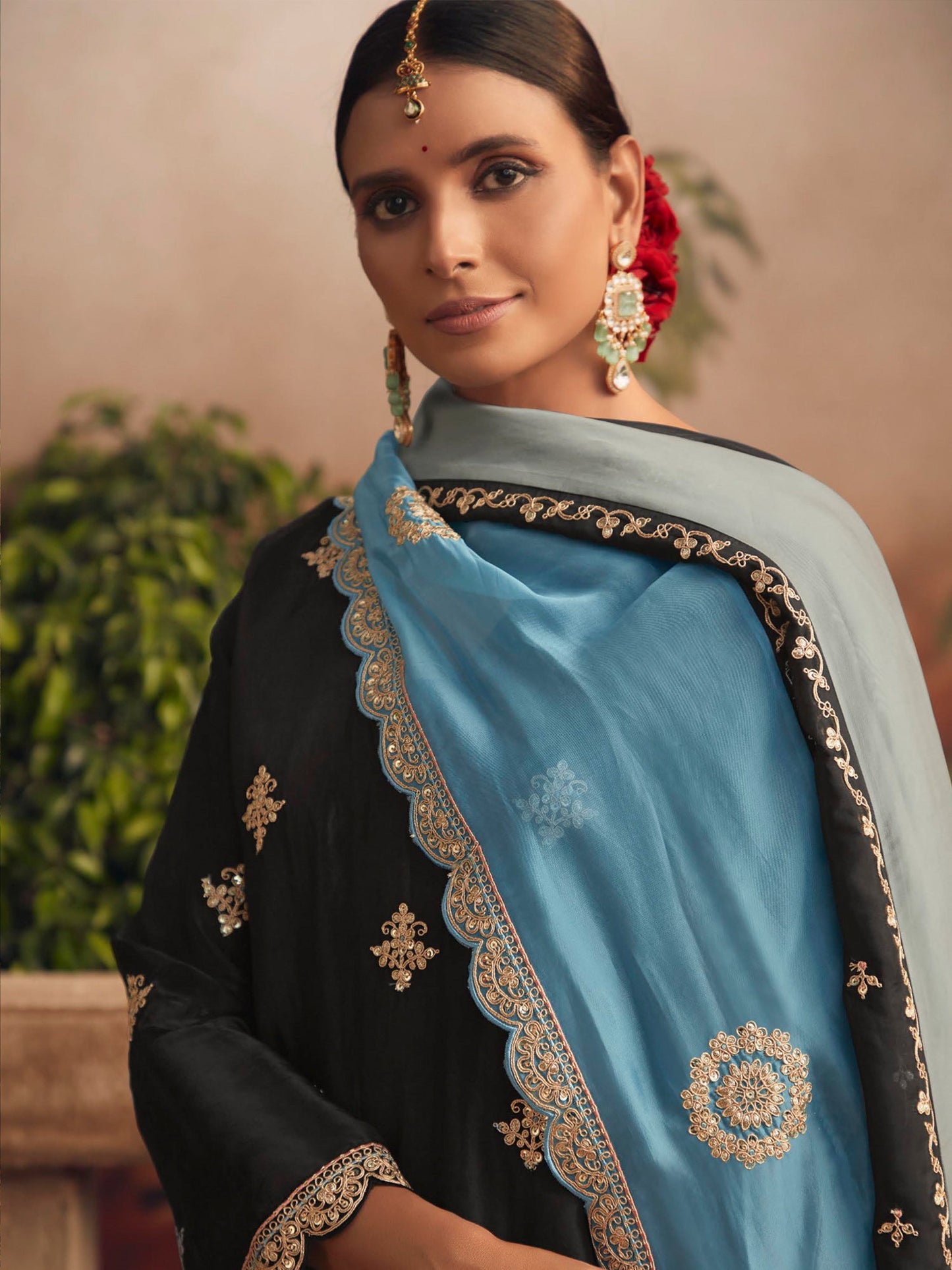 Indo Era Black Straight Embroidered Kurta Trousers With Dupatta Set