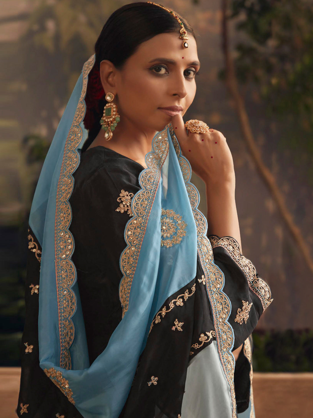 Indo Era Black Straight Embroidered Kurta Trousers With Dupatta Set