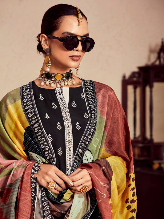 Indo Era Black Printed Straight Kurta Trousers With Dupatta  Set