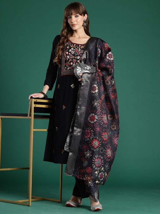Indo Era Black Embroidered Straight Kurta Trousers With Dupatta Set