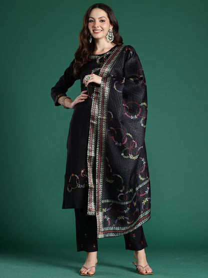 Indo Era Black Embroidered Straight Kurta Trousers With Dupatta Set