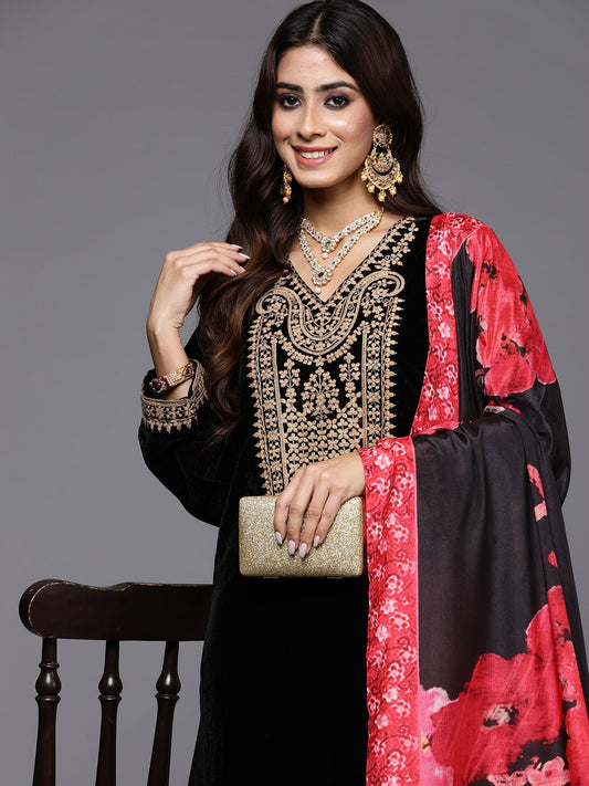 Black Embroidered Straight Kurta Trousers With Dupatta Set