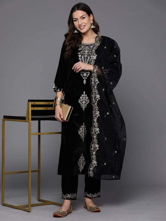 Black Embroidered Straight Kurta Trousers With Dupatta set