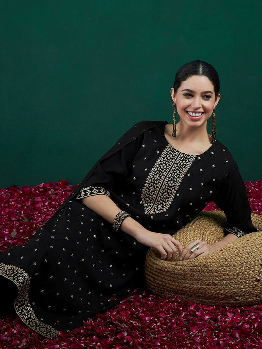 Indo Era Black Embroidered Straight Kurta Trousers With Dupatta set