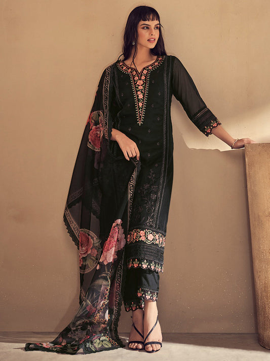 Indo Era Black Embroidered Straight Kurta Trousers With Dupatta set