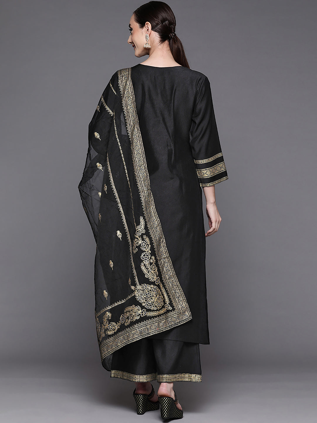 Indo Era Black Printed Straight Kurta Trousers With Dupatta Set