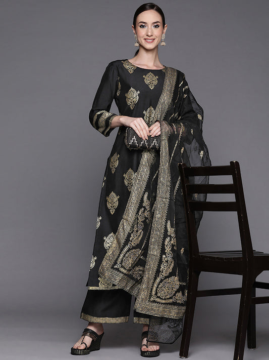 Indo Era Black Printed Straight Kurta Trousers With Dupatta Set