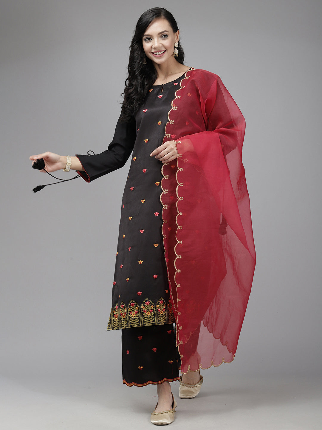 Indo Era Black Embroidered Straight Kurta Palazzo With Dupatta Set