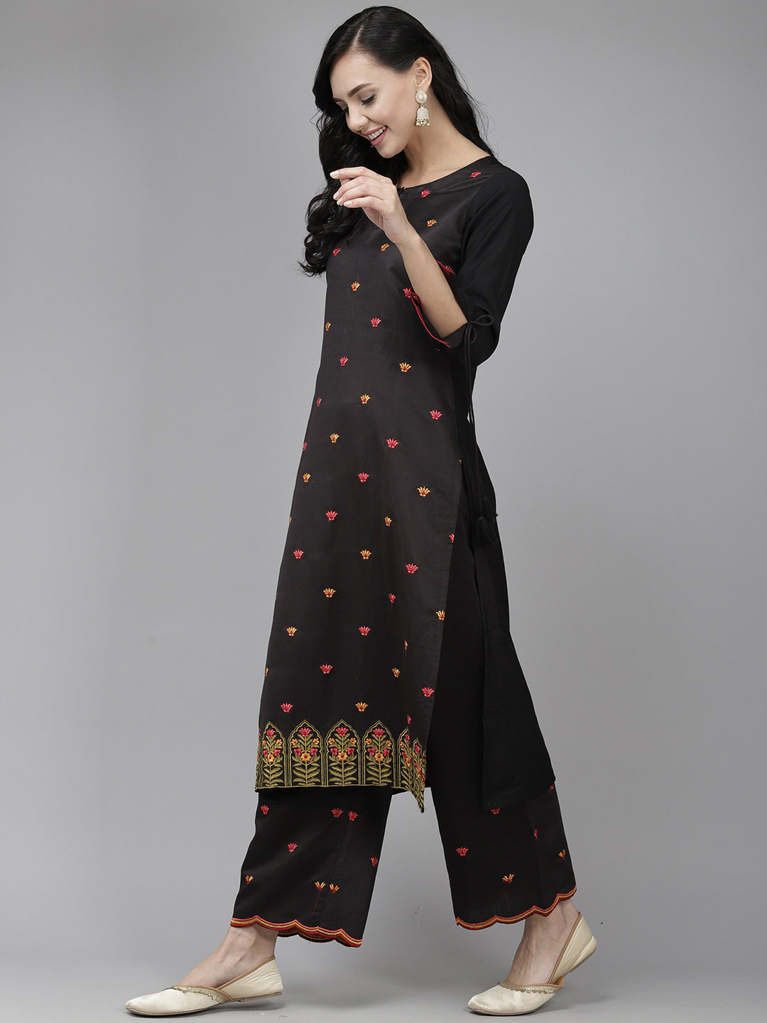 Indo Era Black Embroidered Straight Kurta Palazzo With Dupatta Set