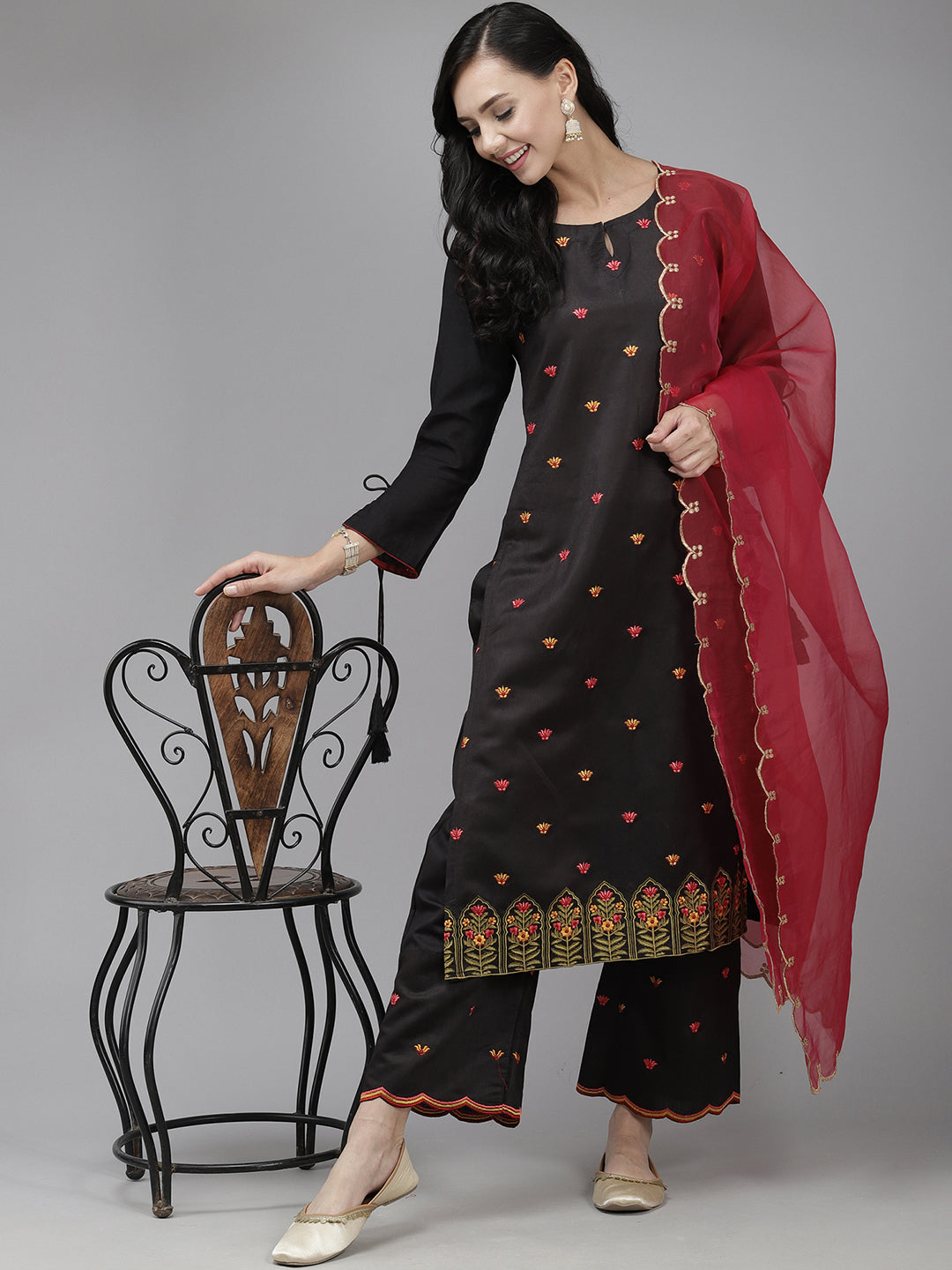 Indo Era Black Embroidered Straight Kurta Palazzo With Dupatta Set