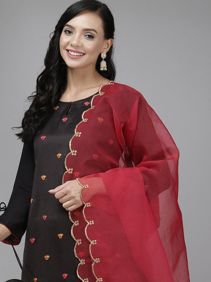 Indo Era Black Embroidered Straight Kurta Palazzo With Dupatta Set