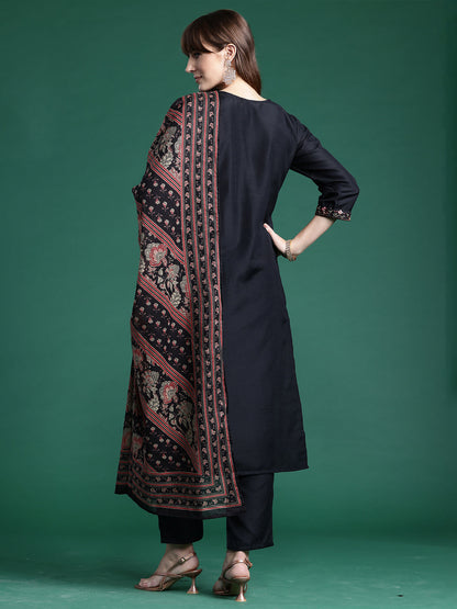 Indo Era Black Embroidered Straight Kurta Trousers With Dupatta  Set
